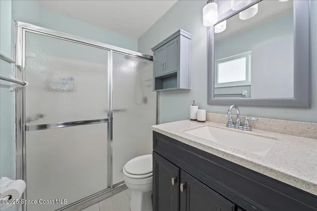 a bathroom with a sink a toilet a mirror and shower