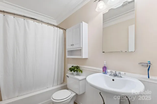 a bathroom with a sink a toilet and shower curtain
