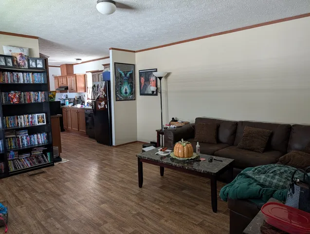 a living room with furniture and a book shelf