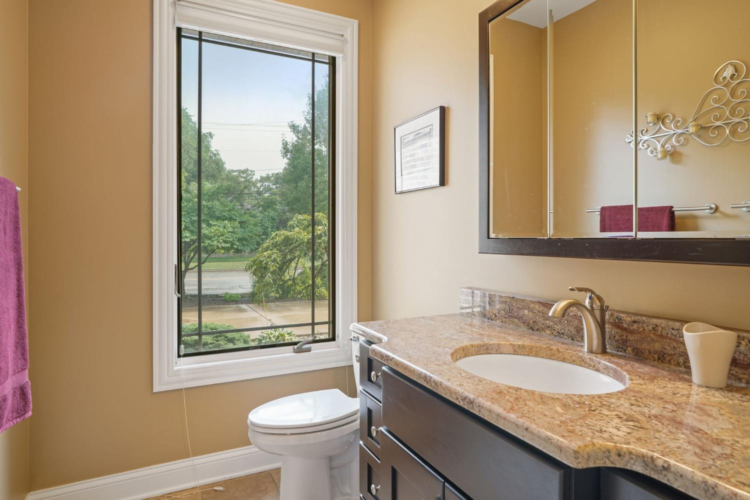 1435 Ridge Road Munster, IN 46321 - Photo 35 of 63 a bathroom with a granite countertop sink a toilet a mirror and a window