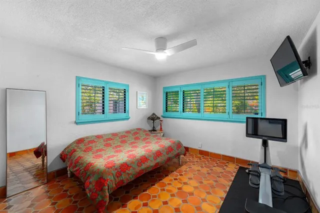 a spacious bedroom with a bed and a dresser