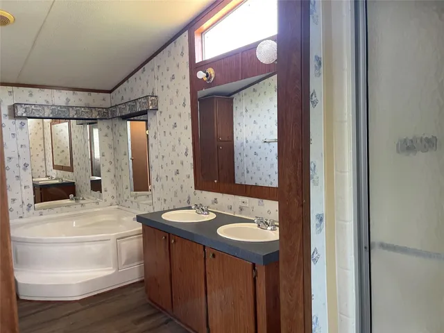 a bathroom with a sink a mirror and a shower
