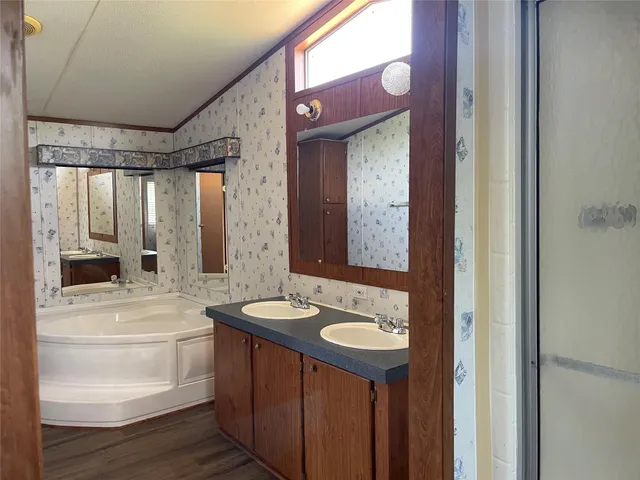 a bathroom with a sink a mirror and a shower
