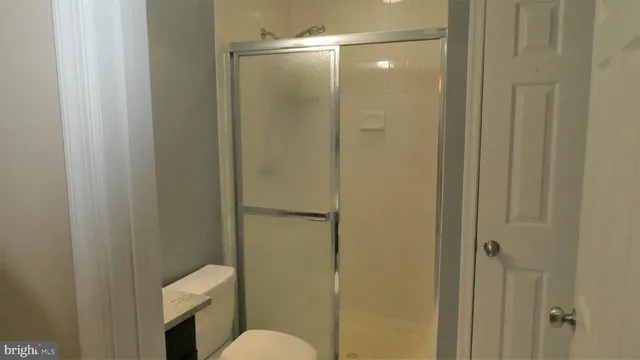 a bathroom with a shower and a toilet