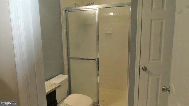 a bathroom with a shower and a toilet