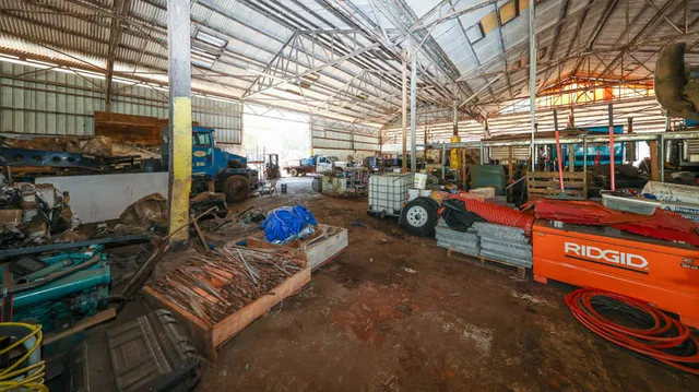 a view of a garage with sitting area