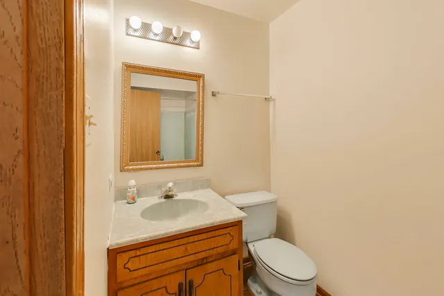 a bathroom with a sink toilet vanity and mirror