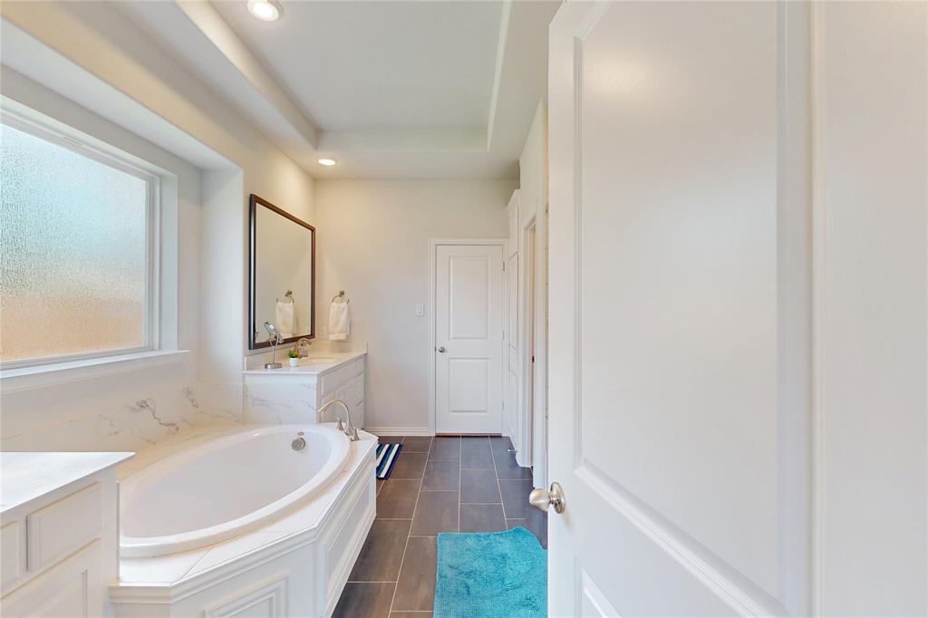 1997 Kieva Place Allen, TX 75013 - Photo 17 of 40 Bathroom featuring vanity, a bath, recessed lighting, and a tray ceiling