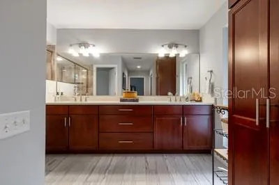 a bathroom with a sink and a large mirror