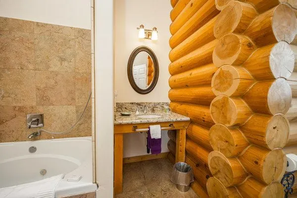 a view of a forest with mountains in the background