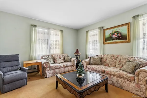 a living room with furniture a rug and a window