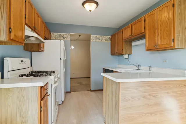 a kitchen with a sink stove and refrigerator