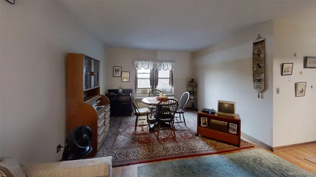 a living room with furniture a rug and a window