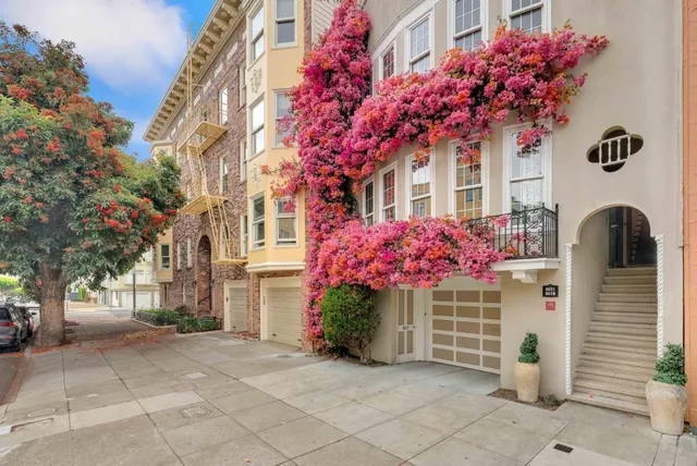 a front view of a house with a tree
