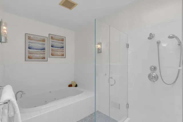 a bathroom with a bathtub and a shower