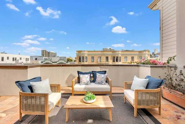 a view of a terrace with couches and potted plants
