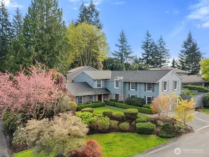 a view of a house with a big yard plants and large trees