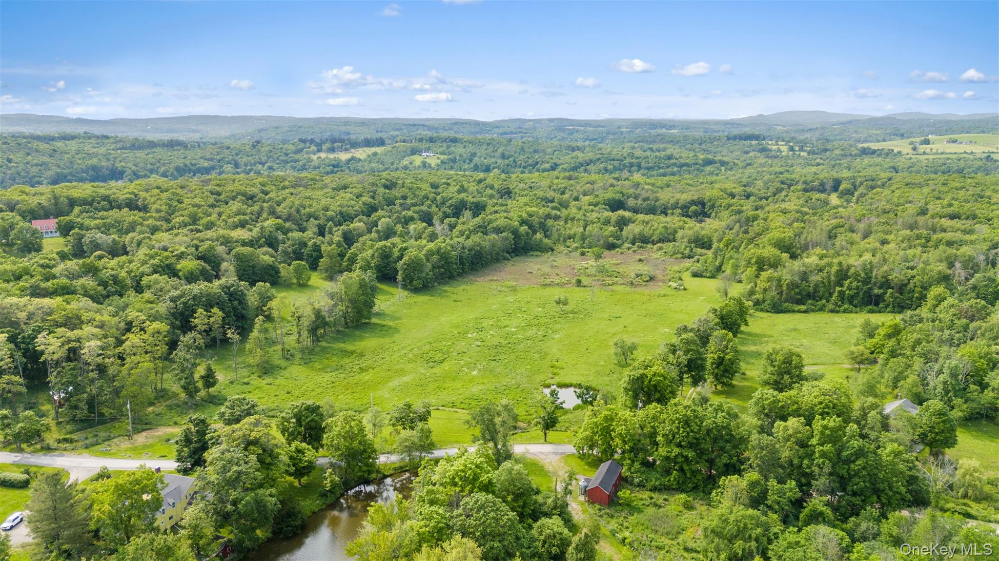 a view of a green field with lots of trees