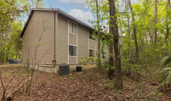 a backyard of a house with plants and large tree