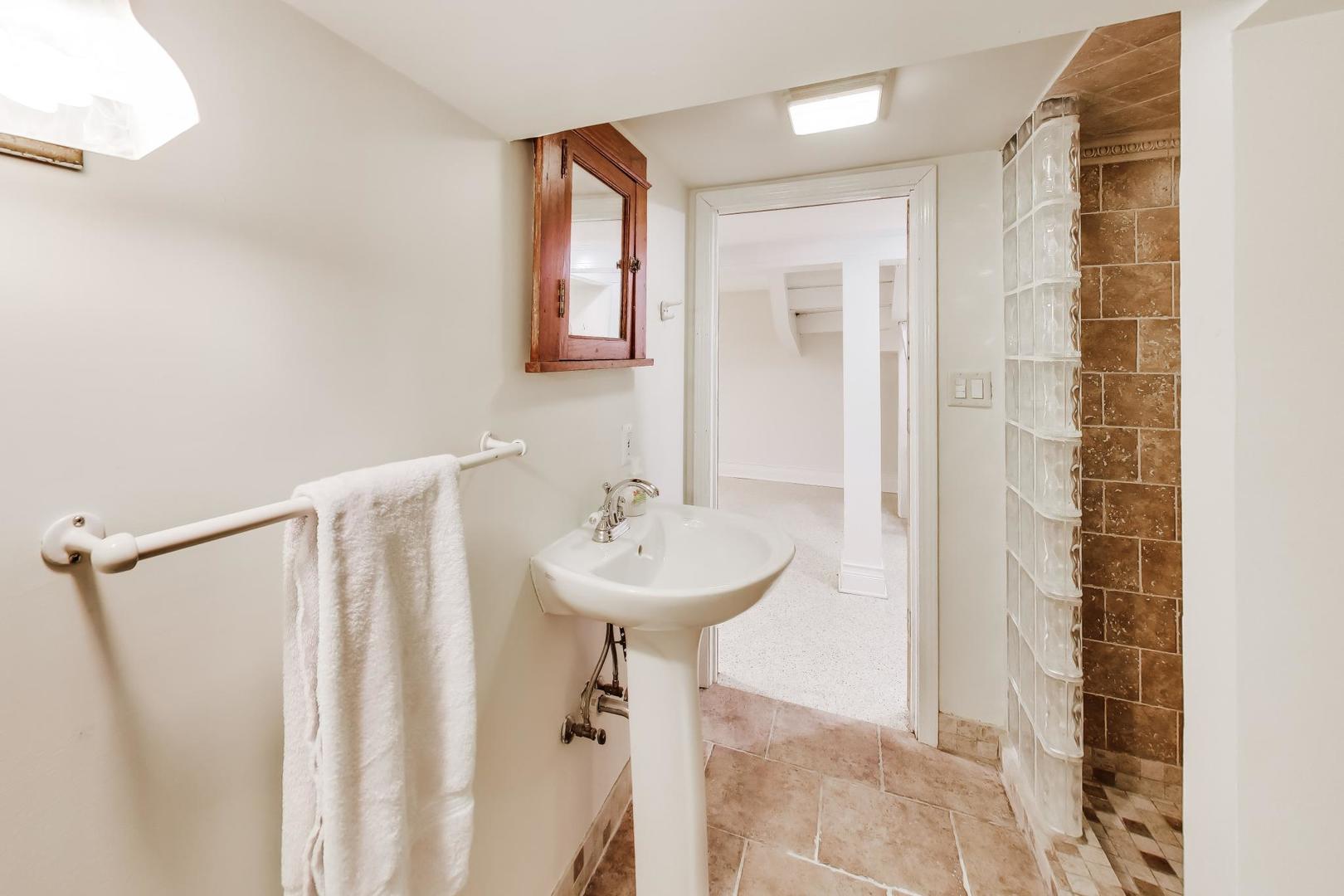 256 Blackhawk Road Riverside, IL 60546 - Photo 41 of 73 a bathroom with a sink a mirror and a shower