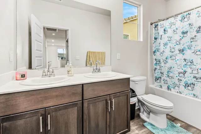 a bathroom with a sink a toilet a mirror and shower curtain