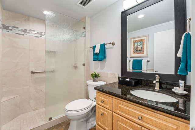 a bathroom with a granite countertop sink toilet and shower
