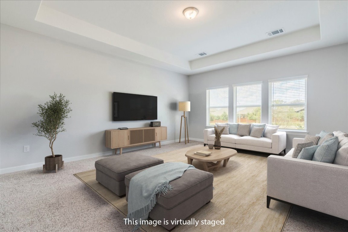 584 Baretta Loop Buda, TX 78610 - Photo 22 of 37 Living area with a raised ceiling and light colored carpet