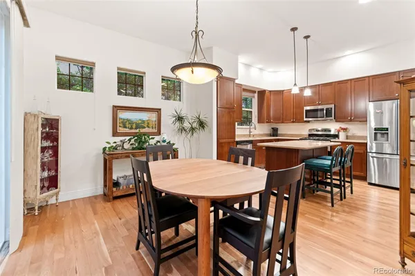 a view of a dining room with furniture window and wooden floor