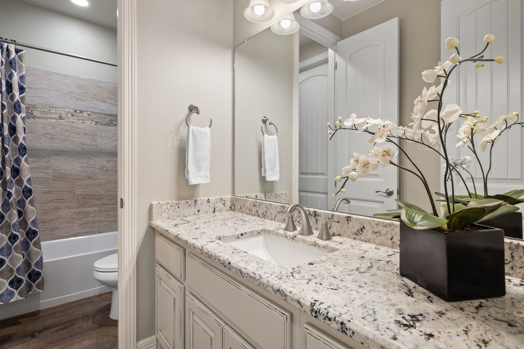 108 Berry Cove Georgetown, TX 78628 - Photo 23 of 39 a bathroom with a granite countertop sink a mirror and shower