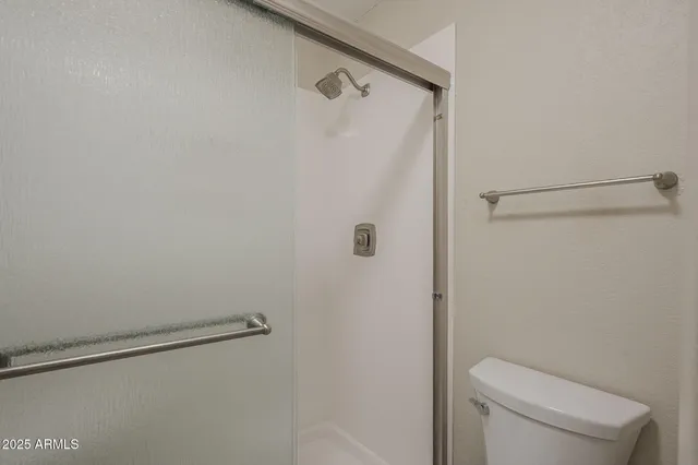 a bathroom with a shower and toilet