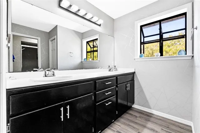 a bathroom with a double vanity sink and a large mirror