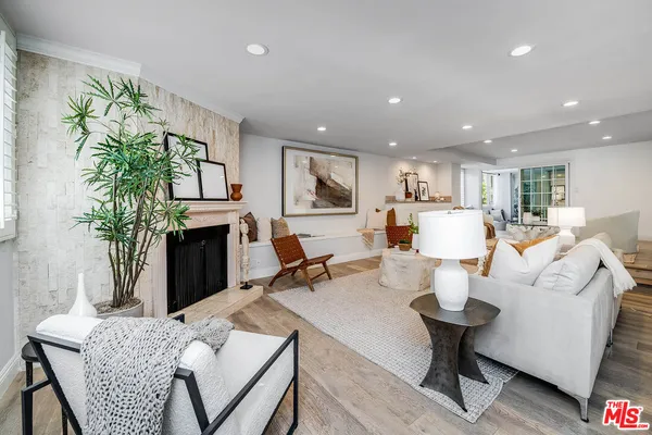 a living room with furniture a fireplace and a potted plant