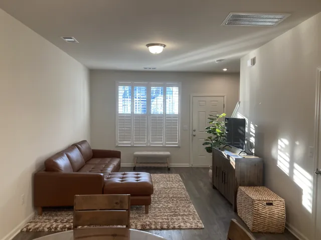 a living room with furniture and a potted plant