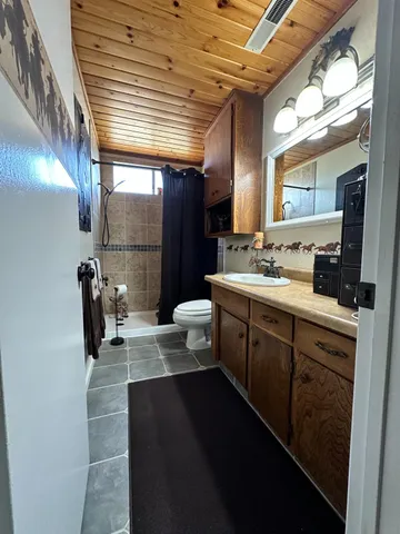 a bathroom with a sink double vanity and a shower
