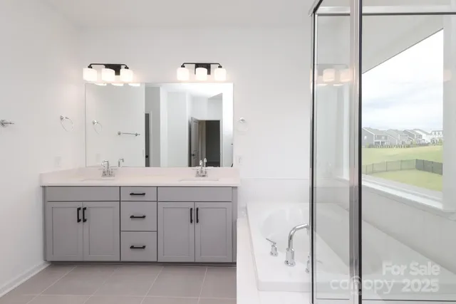a bathroom with a double vanity sink a mirror and a bathtub