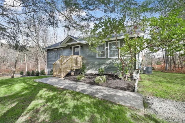 a view of backyard of house with green space