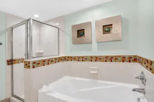 a bathroom with a bathtub and a shower