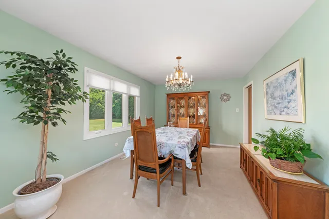 a view of a dining room with furniture and a potted plant
