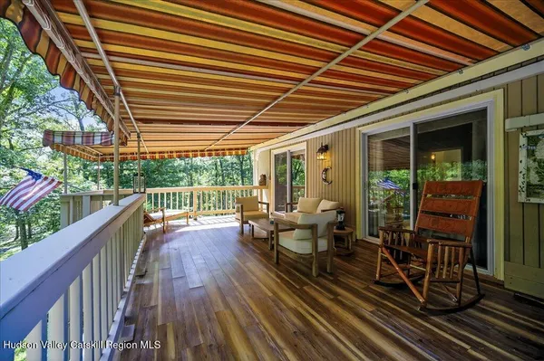 an outdoor space with seating space