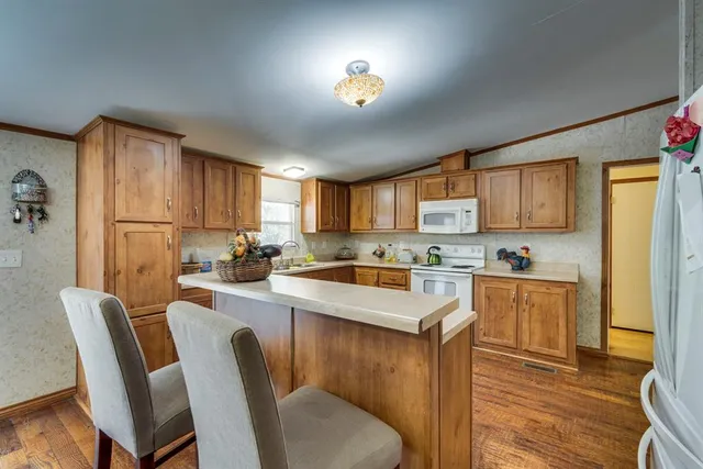 a kitchen with kitchen island a stove and a refrigerator