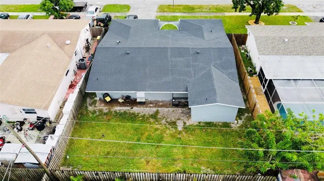 an aerial view of a pool