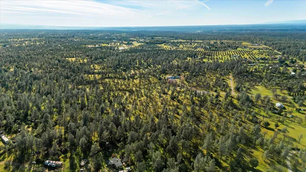 an aerial view of residential houses with outdoor space and trees