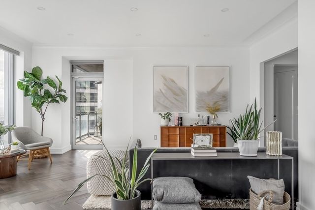 a living room with furniture and a potted plant