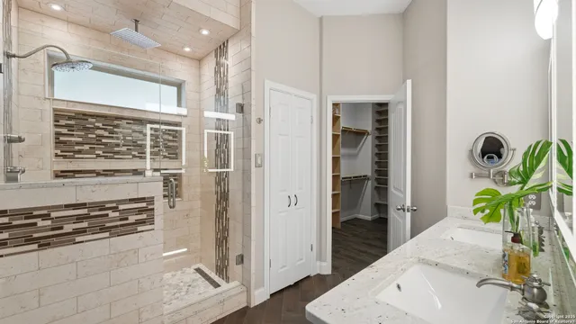 a bathroom with a sink and a shower