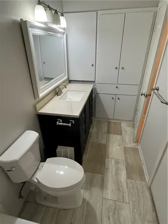 a bathroom with a toilet a sink and mirror