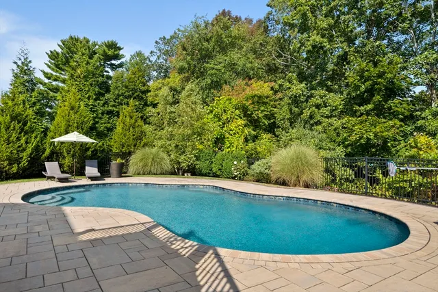 a view of a swimming pool with a yard