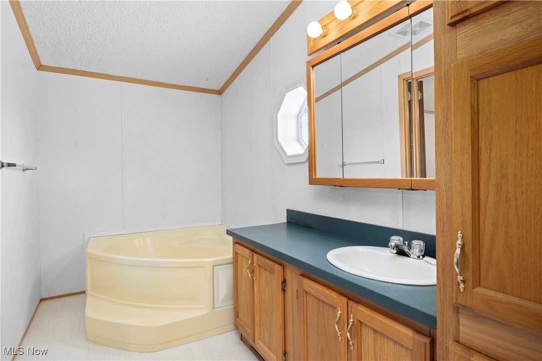 35157 Center Ridge Road, Unit 151 North Ridgeville, OH 44039 - Photo 6 of 29 Bathroom featuring a bath, ornamental molding, a textured ceiling, and vanity