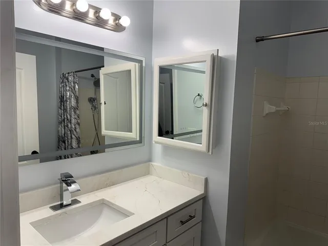 a bathroom with a sink and a mirror