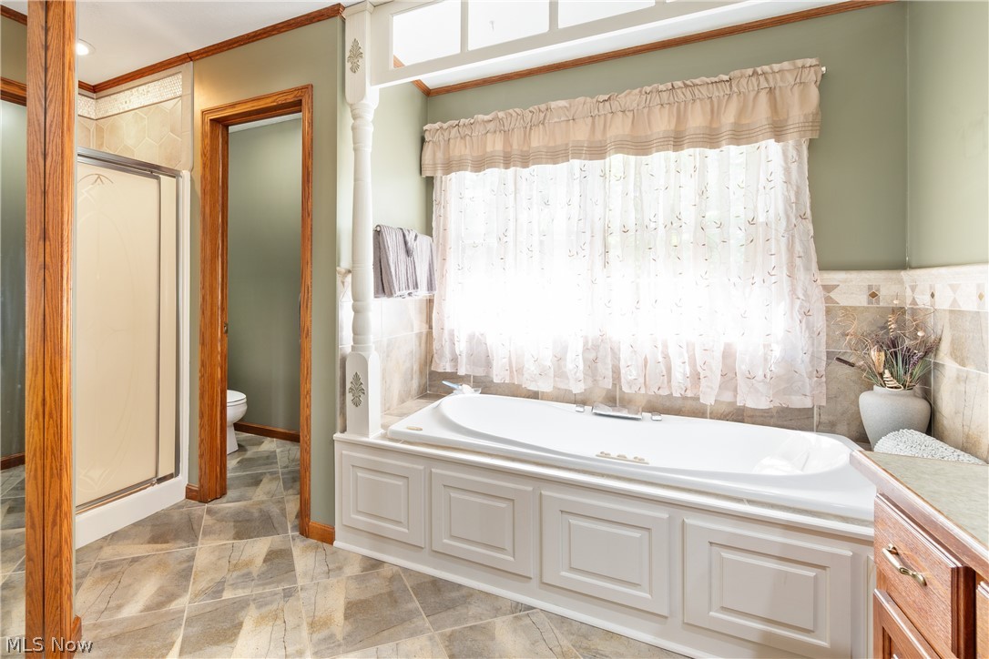 10400 Stoneacre Road Northwest Canal Fulton, OH 44614 - Photo 17 of 44 Bathroom with crown molding, a stall shower, and a garden tub