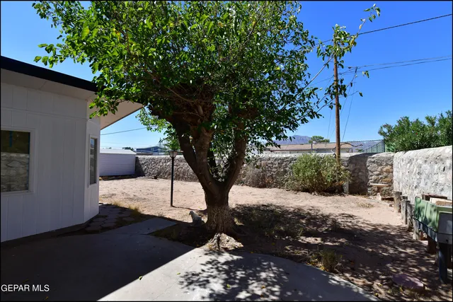 a view of a house with a snow in the background